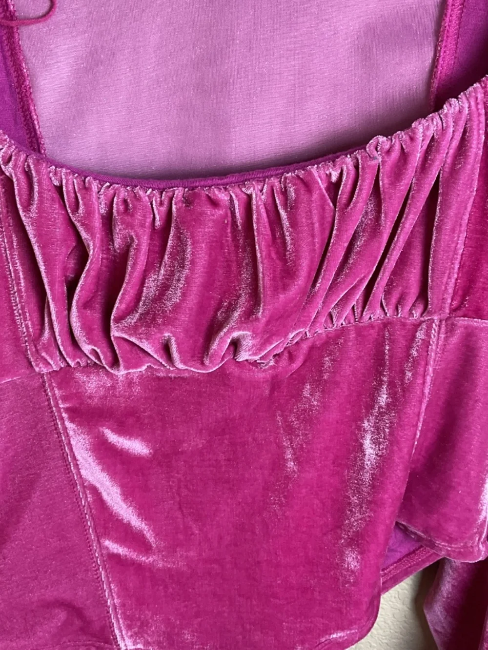 Free People Womens Small Pink Hold Me Velvet Crop Top Ruched Puff Sleeves‎